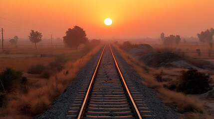Aufkleber - Sunrise over a tranquil railway track in a rural landscape