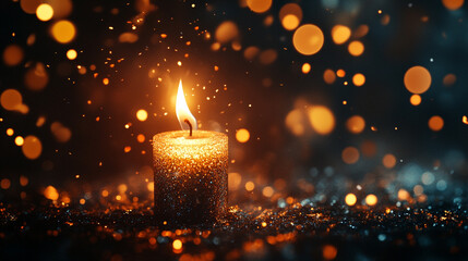 Wall Mural - Burning Glittering Candle Festive Warm Light Magic Sparkles Night fire glow gold dark cozy image    