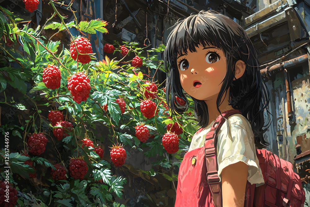 Girls Built Like Raspberry A young girl watches in awe as a small raspberry seedling in her ...