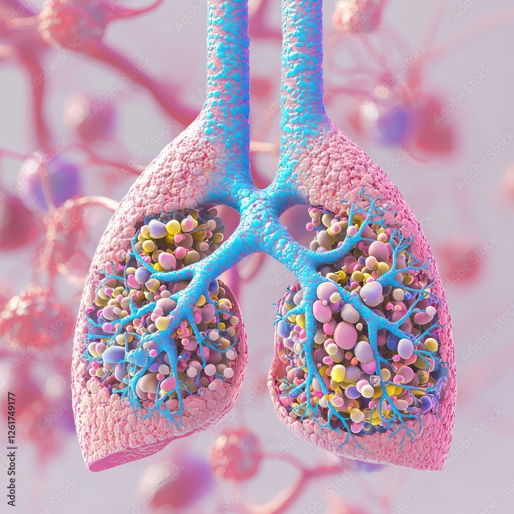 Lung alveoli structure and oxygen-carbon dioxide exchange displayed in ...