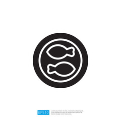 Poster - Minimalist Icon of Two Fish in a Circular Dish with Solid Black Backgrounded Design Symbol for Seafood Restaurant Menu Graphic illustration with Vector Outline Illustration