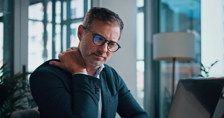 Poster - Mature man, laptop and shoulder pain in office with injury, stress and accounting with fatigue at agency. Person, sore joint and muscle with computer, burnout and overwork with financial management