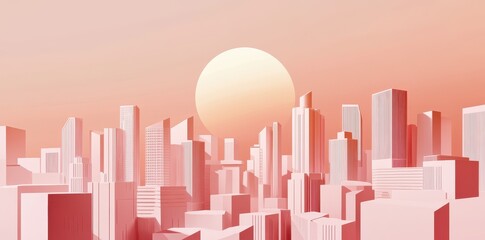 Wall Mural - modern stylized cityscape rendered in pink hues with large sun