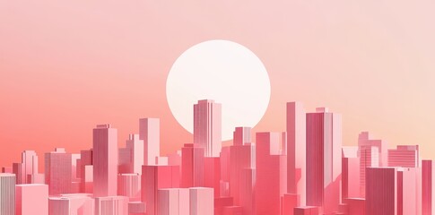 Wall Mural - abstract monochrome pink city skyline with a giant sun