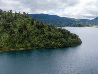 Poster - Tranquil lake nestled amongst lush green hills. Nature's beauty, a serene escape. , Lake Waikaremoana Track, Hawkes Bay, New Zealand