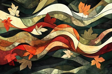 Wall Mural - wavy autumn leaves pattern flows across the textured background