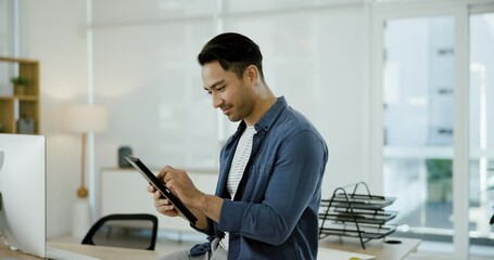 Aufkleber - Tablet, businessman on desk with smile and scroll on social media, tech startup and online creative with pride. Digital consultant, professional business website post and happy man in modern office.