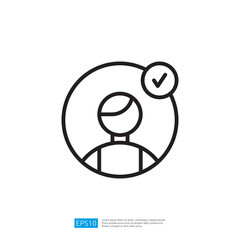 Poster - A simple line drawing of a person within a circle, featuring a checkmark, symbolizing verification or approval. Illustration icon