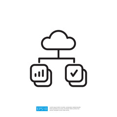 Poster - a cloud symbol connected to two boxes, one with a graph and the other with a checkmark, representing data management and analysis in cloud computing. Illustration line icon