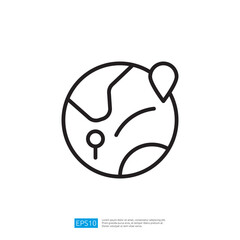 Poster - A simple line drawing of a globe with a location pin, symbolizing travel or geographic exploration. Illustration icon