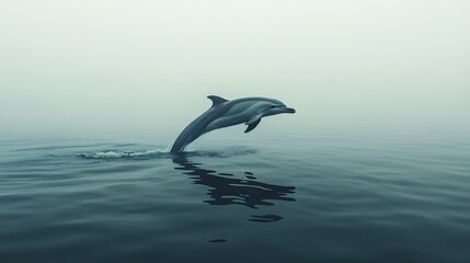 a solitary dolphin gracefully leaping from the foggy ocean surface