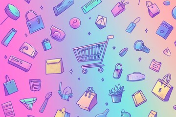 a vibrant pattern showcasing various shopping elements like bags, carts, and products, perfect for t