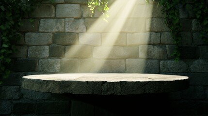 Wall Mural - A sunlit stone platform surrounded by ivy-covered walls, creating a serene, mystical atmosphere