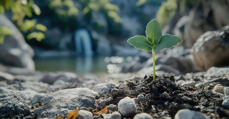 Poster - A young green sprout coming out of soil, in the background the nature blurred.