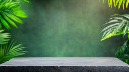 Wall Mural - A serene stone tabletop surrounded by lush green foliage against a softly lit gradient backdrop