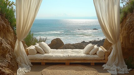 Aufkleber - An outdoor daybed with white linen and a wooden frame, on the beach, surrounded by sheer curtains.