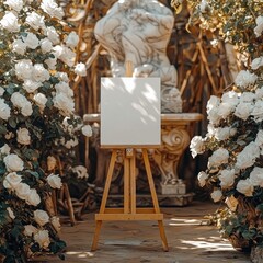 Aufkleber - A 24 inches width by 36 inches height vertical orientation blank white canvas on an easel surrounded by white roses with an ornate marble sculpture in soft sunlight, The atmosphere is luxury.