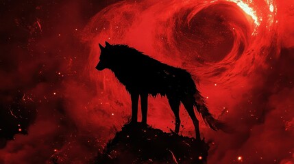 silhouette of wolf standing against cosmic red nebula background