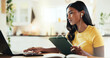 © HockleyM3/peopleimages.com - Education, student and woman with laptop, tablet and typing with internet, music and knowledge. Person, house and girl with earphones, connection and studying for exams and digital app for elearning