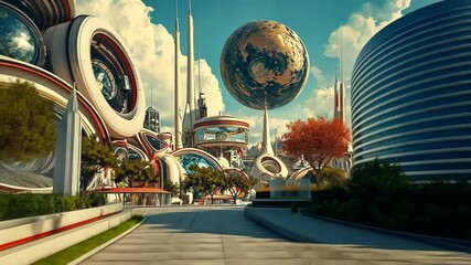 Poster - Retrofuturistic landscape in mid-century sci-fi style. Retro science fiction scene with futuristic city buildings