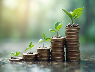 Step by step concept. financial growth leads to wealth. Plant growing from a pile of coins for long-term investment growth concept.