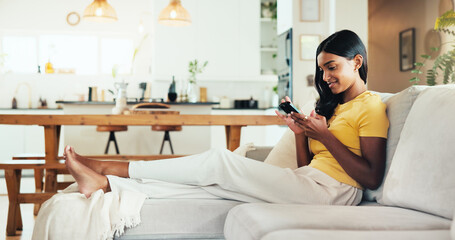 Aufkleber - Relax, phone and smile with woman on sofa for social media post, streaming and network platform. Chat, notification and mobile app with person in living room of home for comment and story update