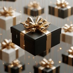 Poster - Flying gift boxes, black and luxury gold in it.