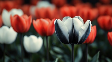 Poster - A field of white tulips and one single is black.