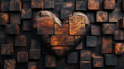 Poster - Dark Brown Wooden Heart Shaped Puzzle on Cube Background