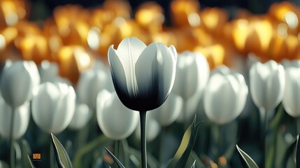 Poster - A field of white tulips and one single is black.