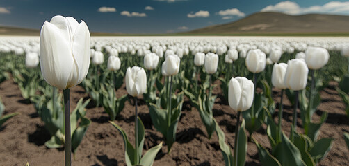 Poster - A field of white tulips and one single is black.
