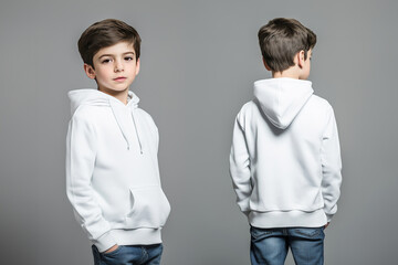 Wall Mural - boy wearing a white long-sleeve hoodie sweatshirt mockup front and back used as a design template