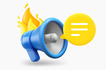 Poster - Flaming loudspeaker with speech bubble. Breaking news concept. 3d vector illustration