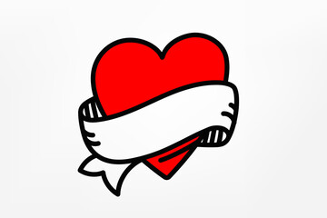 Fototapete - red heart with ribbon. Vector doodle illustration