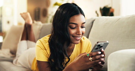 Aufkleber - Relax, online and woman with smartphone, home and smile for romance ebook, browsing and comfortable. Lounge, resting and entertainment for person with mobile, website and reading of novel in house