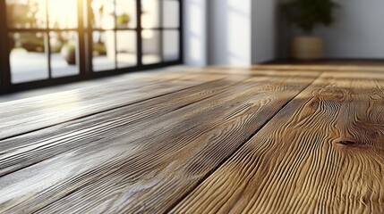 Poster - A clean wooden table with a natural minimalist design, warm soft lighting, blurred background of a Japanese-style.