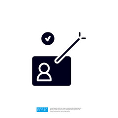 Poster - a user profile icon with a checkmark and a pointer, suggesting verification or approval of a user's identity or status. Illustration icon
