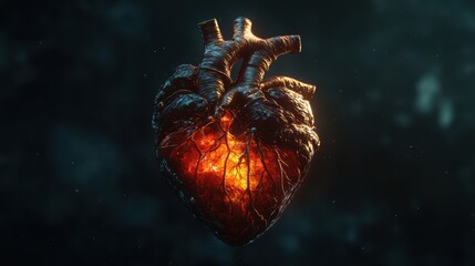 Poster - Glowing 3D Render of Human Heart with Fire and Particle Effects