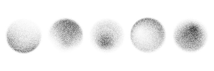 Poster - Black round stippled gradient collection. Grunge circle dotted shadow set. Radial noise texture brush pack. Halftone grainy sand diffuse shape bundle. Round spray patterns. Vector dot work forms