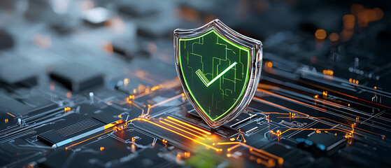 Poster - Cybersecurity actions in digital technology innovative shield icon on circuit board futuristic visuals close-up perspective