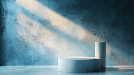 Wall Mural - Serene Blue Studio Product Display: Soft light illuminates minimalist concrete podiums. AI Generated