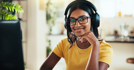 Poster - Laptop, music and portrait with Indian woman in home office as graphic designer for marketing campaign. Computer, headphones and remote work with happy freelance employee in apartment for publication
