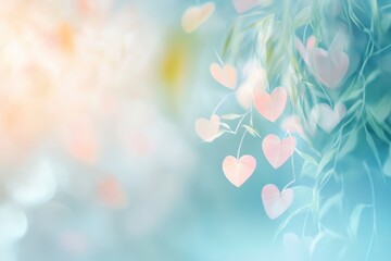 Naklejka na meble Heart Shaped Leaves on a Branch Soft Pastel Colors Dreamy Nature Background