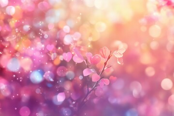 Poster - Heart Shaped Leaves on Branch Soft Pink Purple Bokeh Background