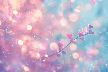 Poster - Heart Shaped Leaves on Branch Soft Pastel Pink Blue Glitter Background