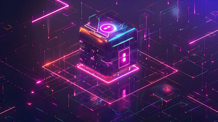 Poster - Futuristic digital cube surrounded by vibrant neon circuits in a cyber landscape