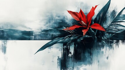 Wall Mural - Vibrant red flower blooms dramatically against moody dark teal foliage painted landscape. AI Generated