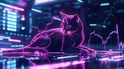Poster - Futuristic digital cat resting on a high-tech interface with graphs and data
