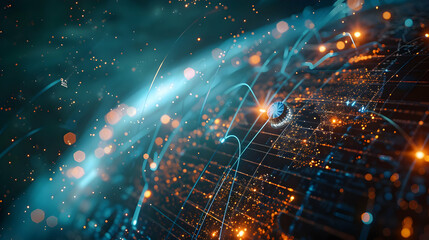 Poster - abstract representation of a digital network with glowing particles and lines