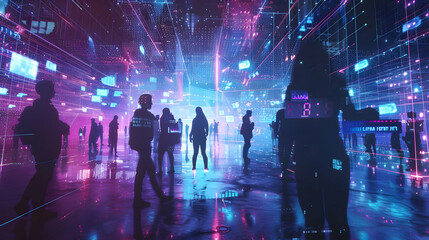 Poster - Silhouetted figures in a vibrant digital landscape with glowing data streams